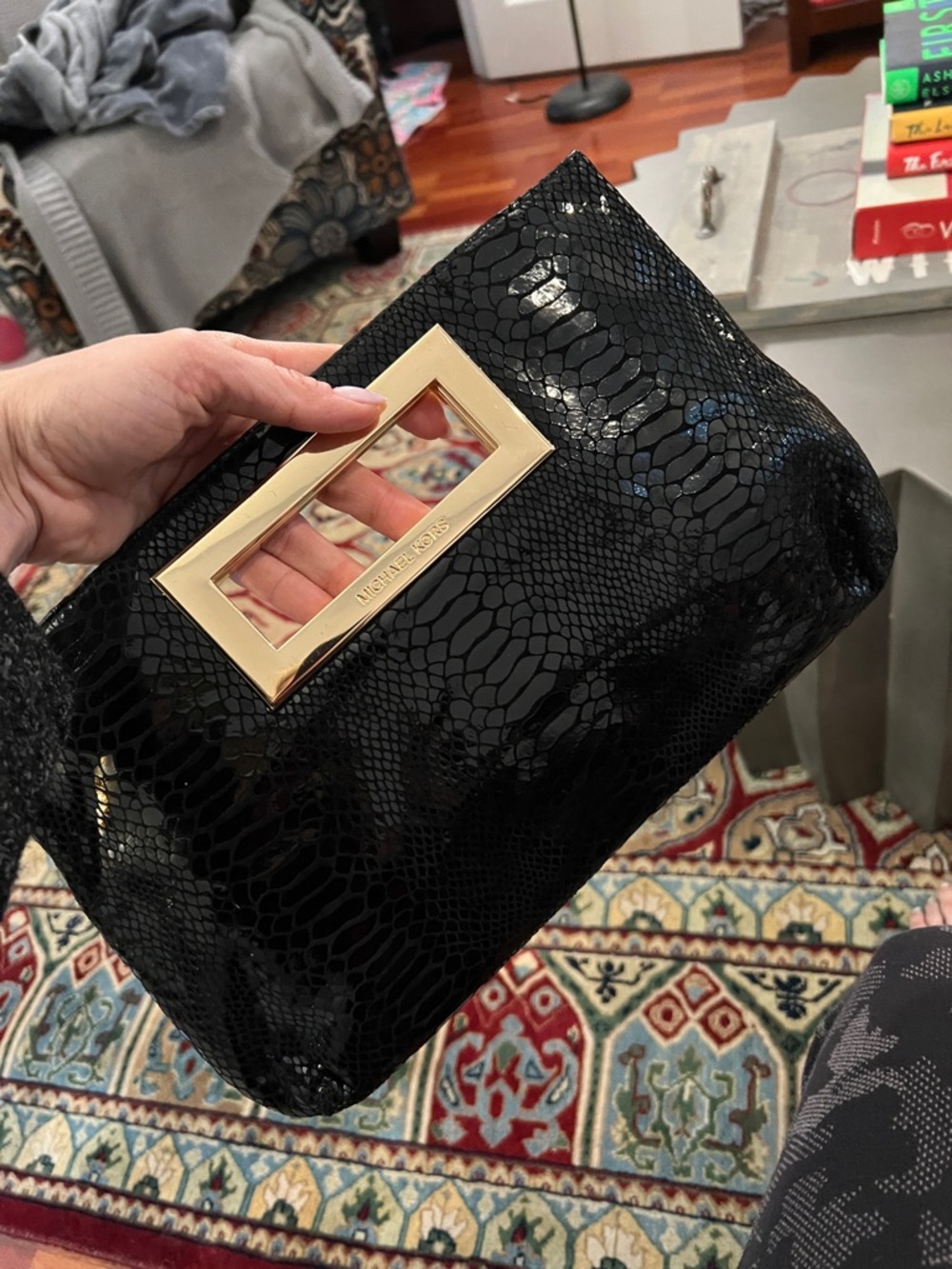Michael Kors Black Patent Snakeskin Clutch with Gold Accent